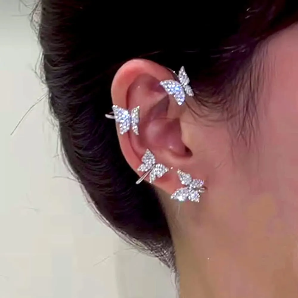 Wiwpar 2PCS Zircon Butterfly Ear Cuffs Climber Jewelry Earrings for Women Rhinestone Non Pierced Right Left Ear Clips Wrap Around Fairy Elegant Shiny Earrings(silver)