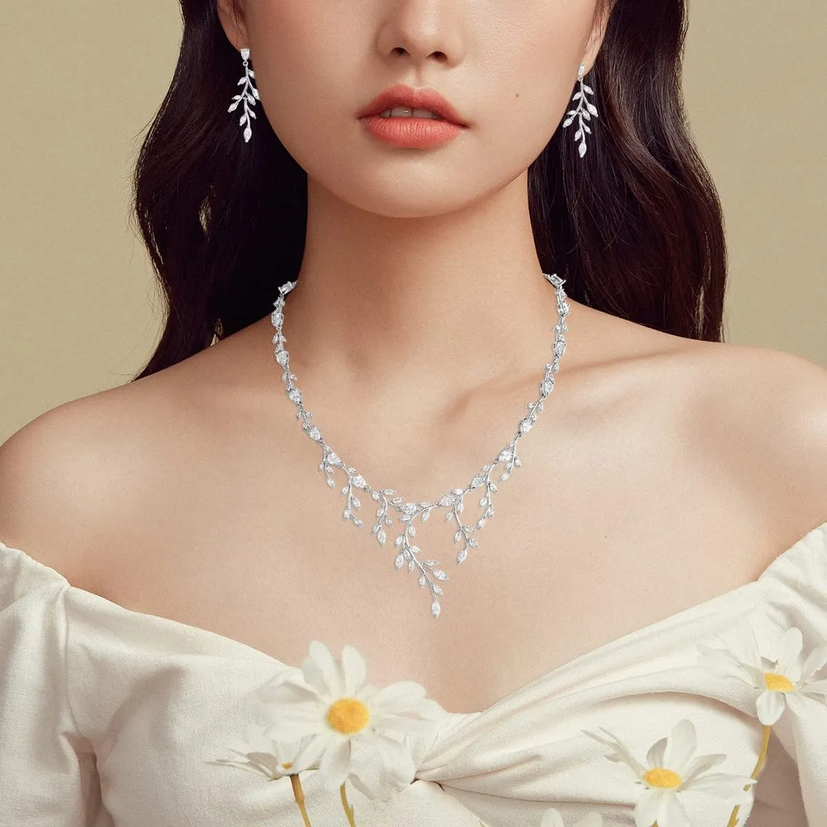 Women Marquise Cut Cubic Zirconia Leaf Bridal Y-Necklace and Dangling Earring Jewelry Set for Wedding