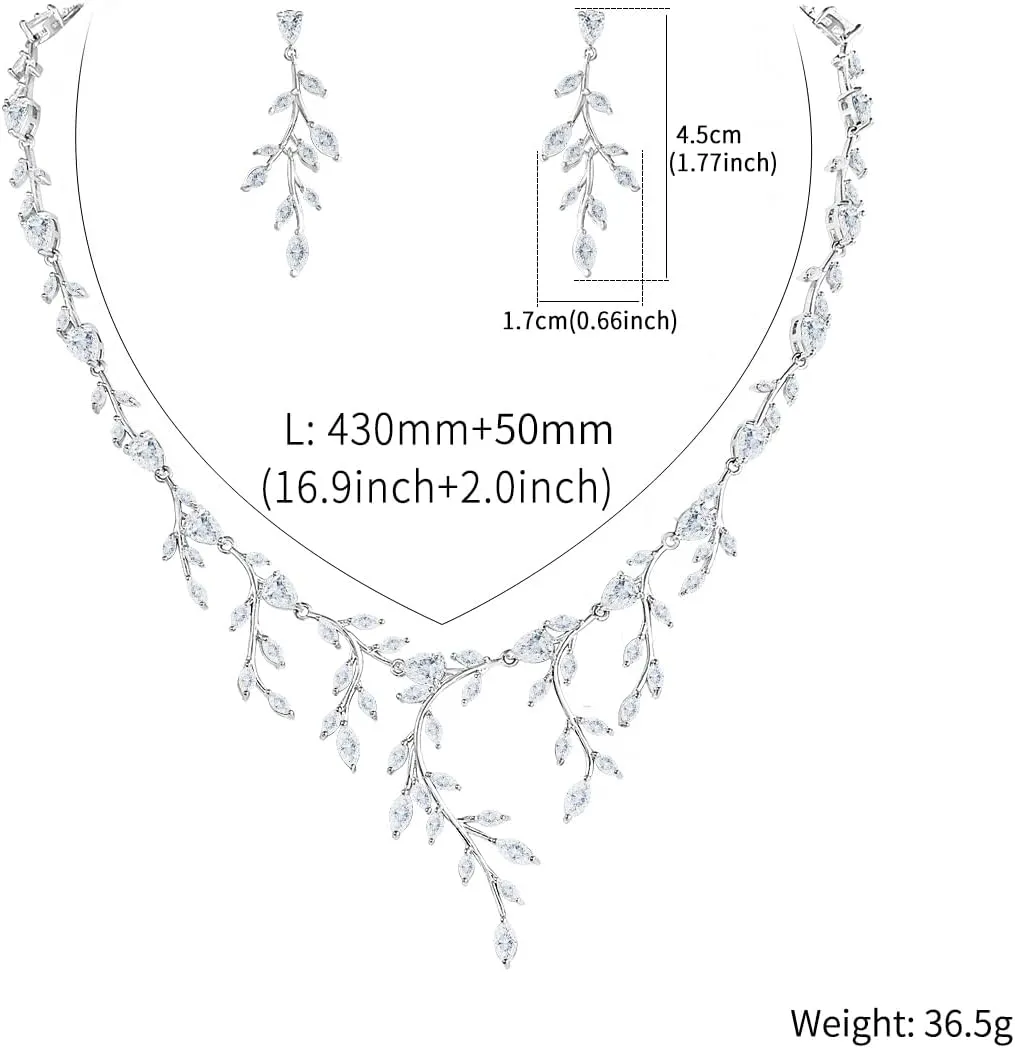 Women Marquise Cut Cubic Zirconia Leaf Bridal Y-Necklace and Dangling Earring Jewelry Set for Wedding