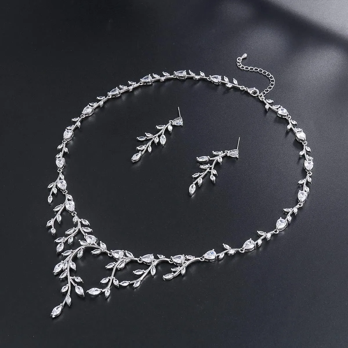 Women Marquise Cut Cubic Zirconia Leaf Bridal Y-Necklace and Dangling Earring Jewelry Set for Wedding