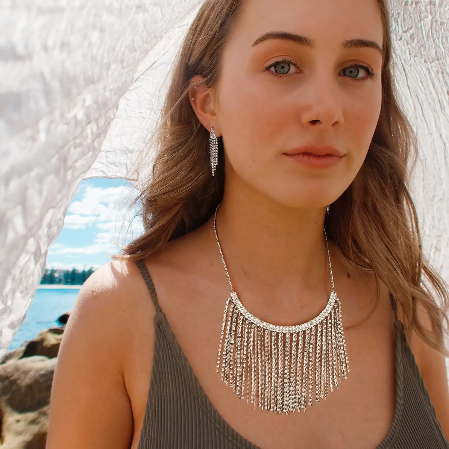 Women Silver Tassel Jewelry Set: Rhinestone Crystal Gems Collar Statement Necklace Long Sparkle Dangle Earrings - Dainty Elegant Glitter Hypoallergenic Fashion Wedding Prom Jewelry Gift