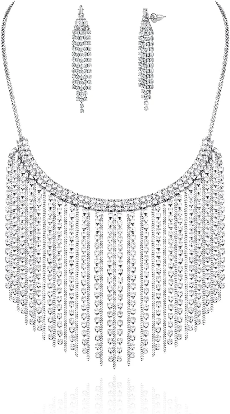 Women Silver Tassel Jewelry Set: Rhinestone Crystal Gems Collar Statement Necklace Long Sparkle Dangle Earrings - Dainty Elegant Glitter Hypoallergenic Fashion Wedding Prom Jewelry Gift