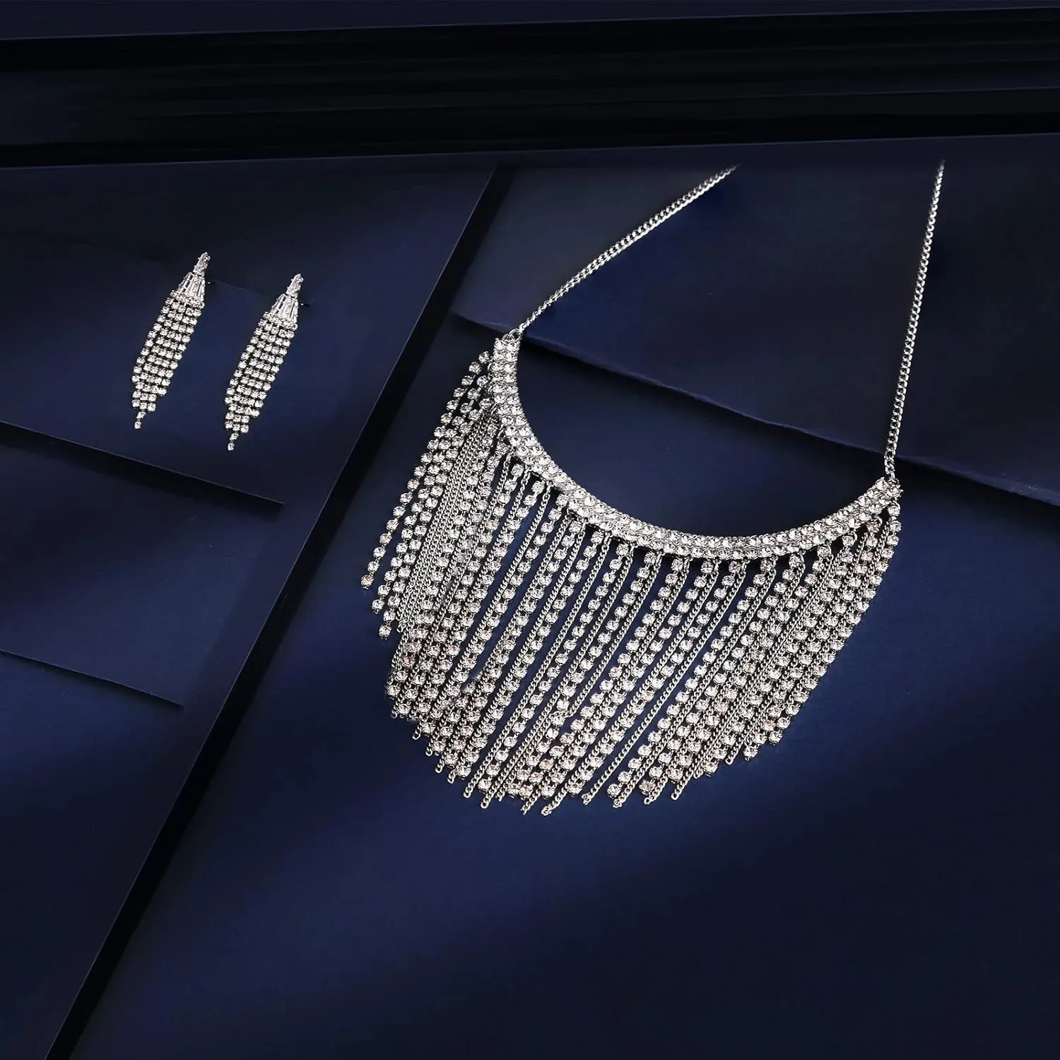 Women Silver Tassel Jewelry Set: Rhinestone Crystal Gems Collar Statement Necklace Long Sparkle Dangle Earrings - Dainty Elegant Glitter Hypoallergenic Fashion Wedding Prom Jewelry Gift