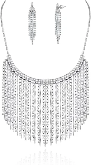 Women Silver Tassel Jewelry Set: Rhinestone Crystal Gems Collar Statement Necklace Long Sparkle Dangle Earrings - Dainty Elegant Glitter Hypoallergenic Fashion Wedding Prom Jewelry Gift