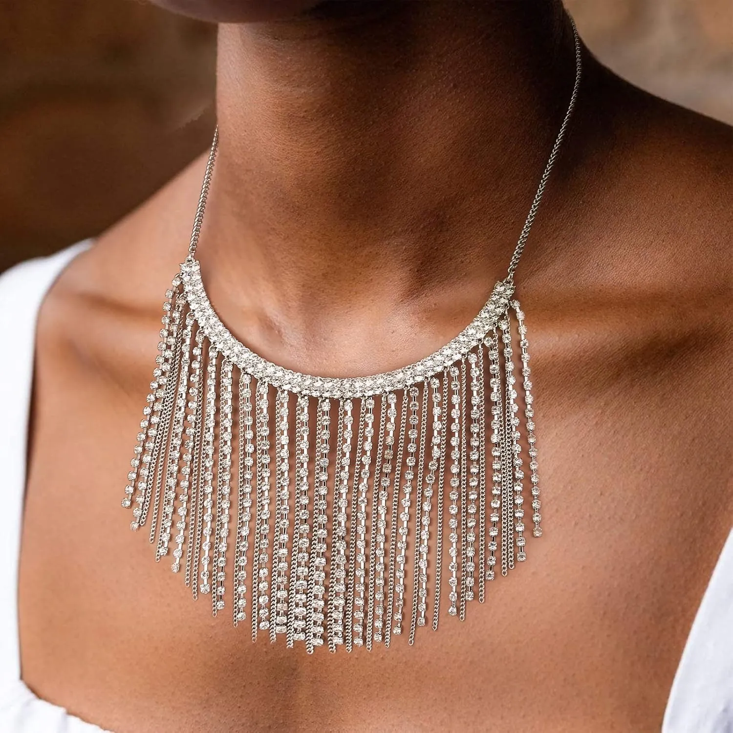 Women Silver Tassel Jewelry Set: Rhinestone Crystal Gems Collar Statement Necklace Long Sparkle Dangle Earrings - Dainty Elegant Glitter Hypoallergenic Fashion Wedding Prom Jewelry Gift