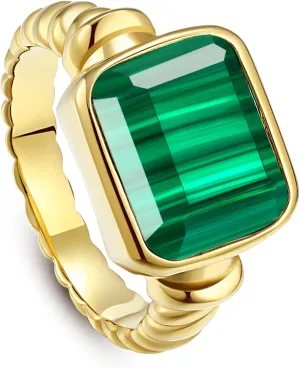 Women's 14K Gold Plated Statement Rings Emerald Cut Teal Turquoise/Rose Quartz Crystal/Spiny Oyster Turquoise Signet Ring Stainless Steel Chunky Gold Rings Size 5-10