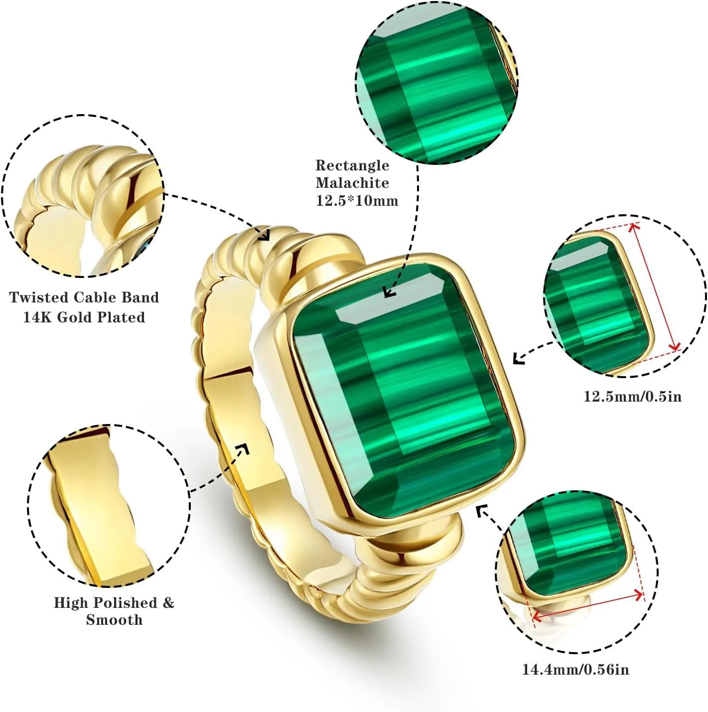 Women's 14K Gold Plated Statement Rings Emerald Cut Teal Turquoise/Rose Quartz Crystal/Spiny Oyster Turquoise Signet Ring Stainless Steel Chunky Gold Rings Size 5-10