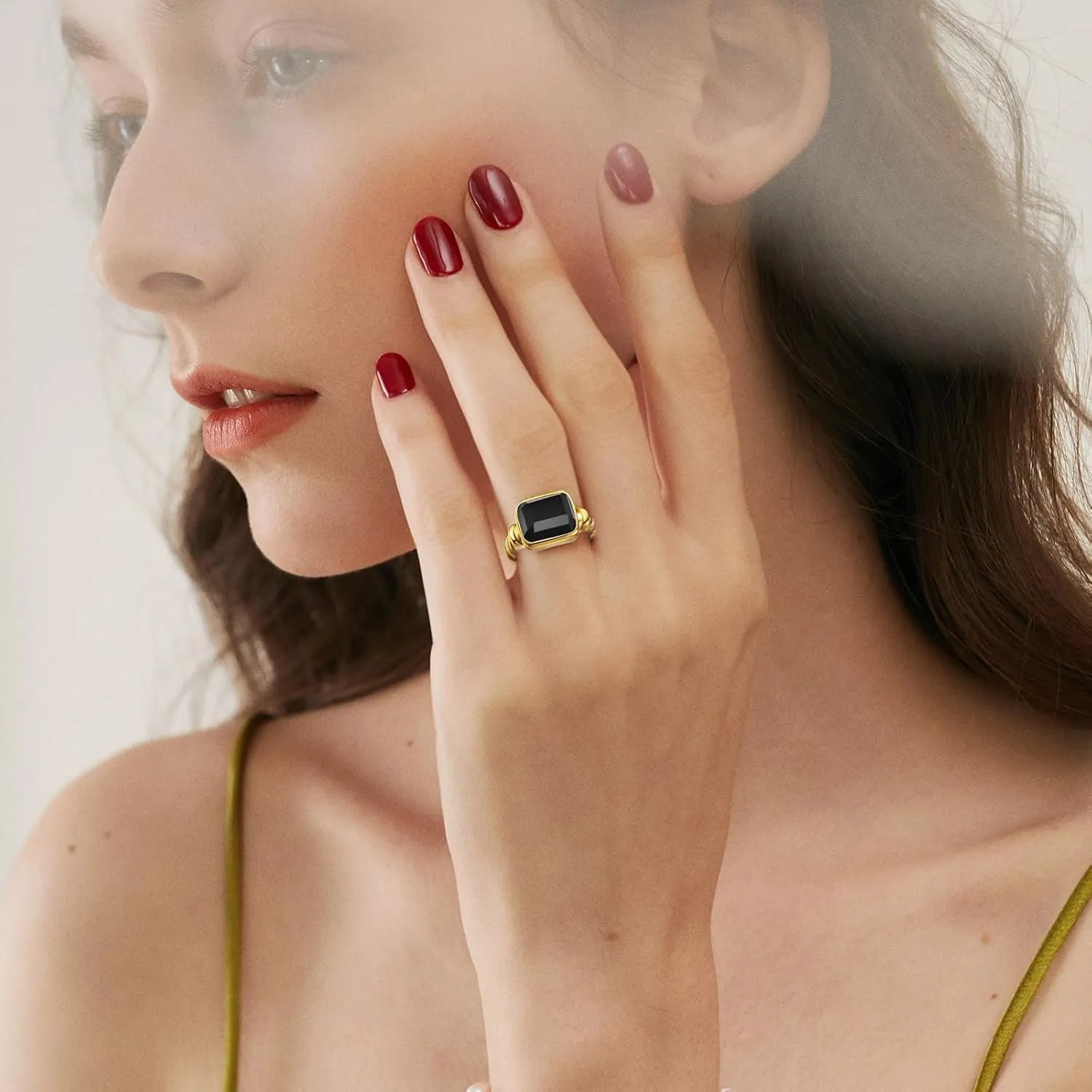 Women's 14K Gold Plated Statement Rings Emerald Cut Teal Turquoise/Rose Quartz Crystal/Spiny Oyster Turquoise Signet Ring Stainless Steel Chunky Gold Rings Size 5-10