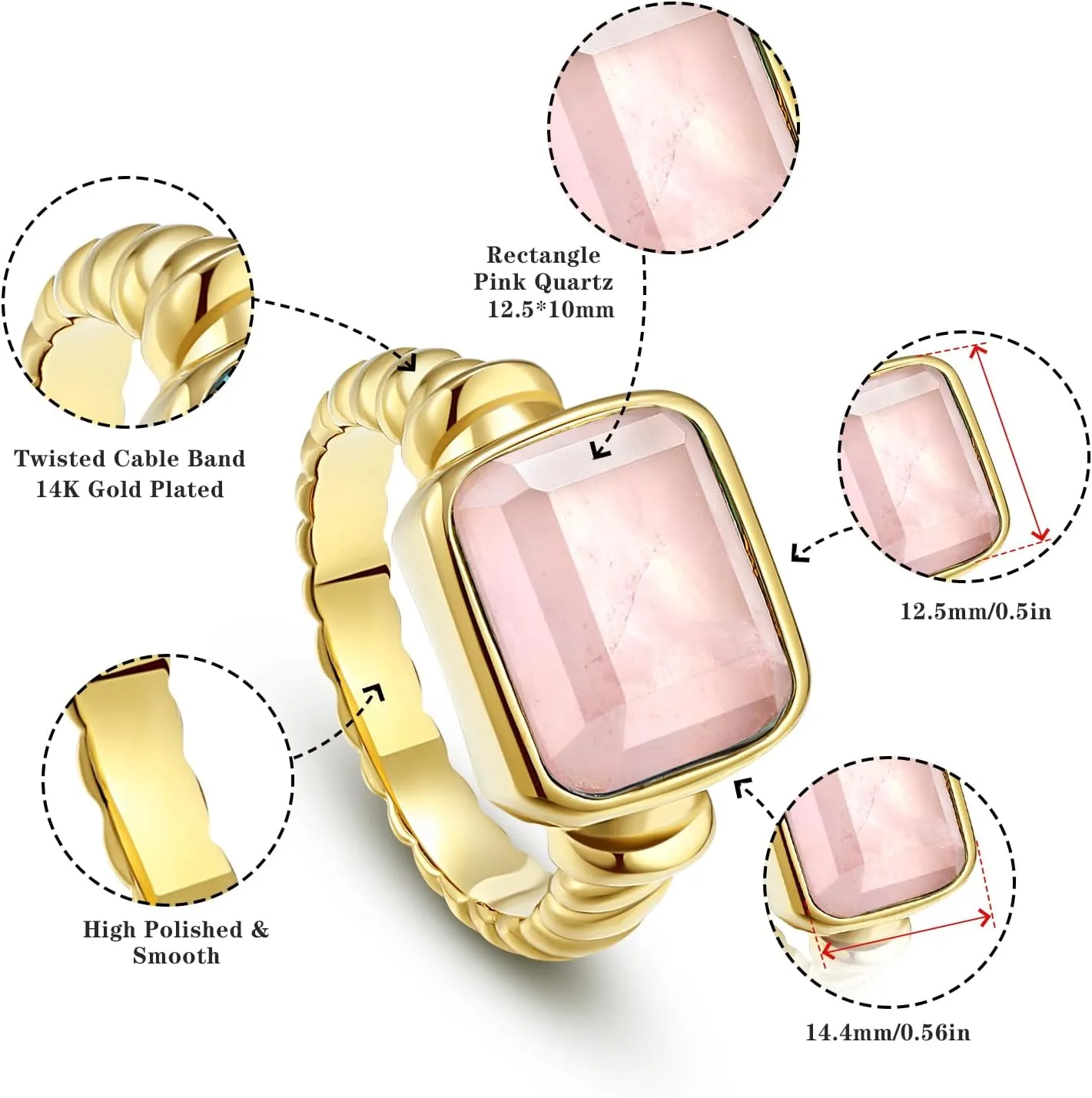 Women's 14K Gold Plated Statement Rings Emerald Cut Teal Turquoise/Rose Quartz Crystal/Spiny Oyster Turquoise Signet Ring Stainless Steel Chunky Gold Rings Size 5-10