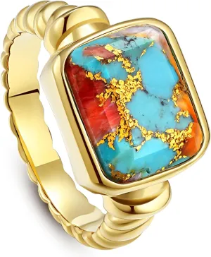 Women's 14K Gold Plated Statement Rings Emerald Cut Teal Turquoise/Rose Quartz Crystal/Spiny Oyster Turquoise Signet Ring Stainless Steel Chunky Gold Rings Size 5-10