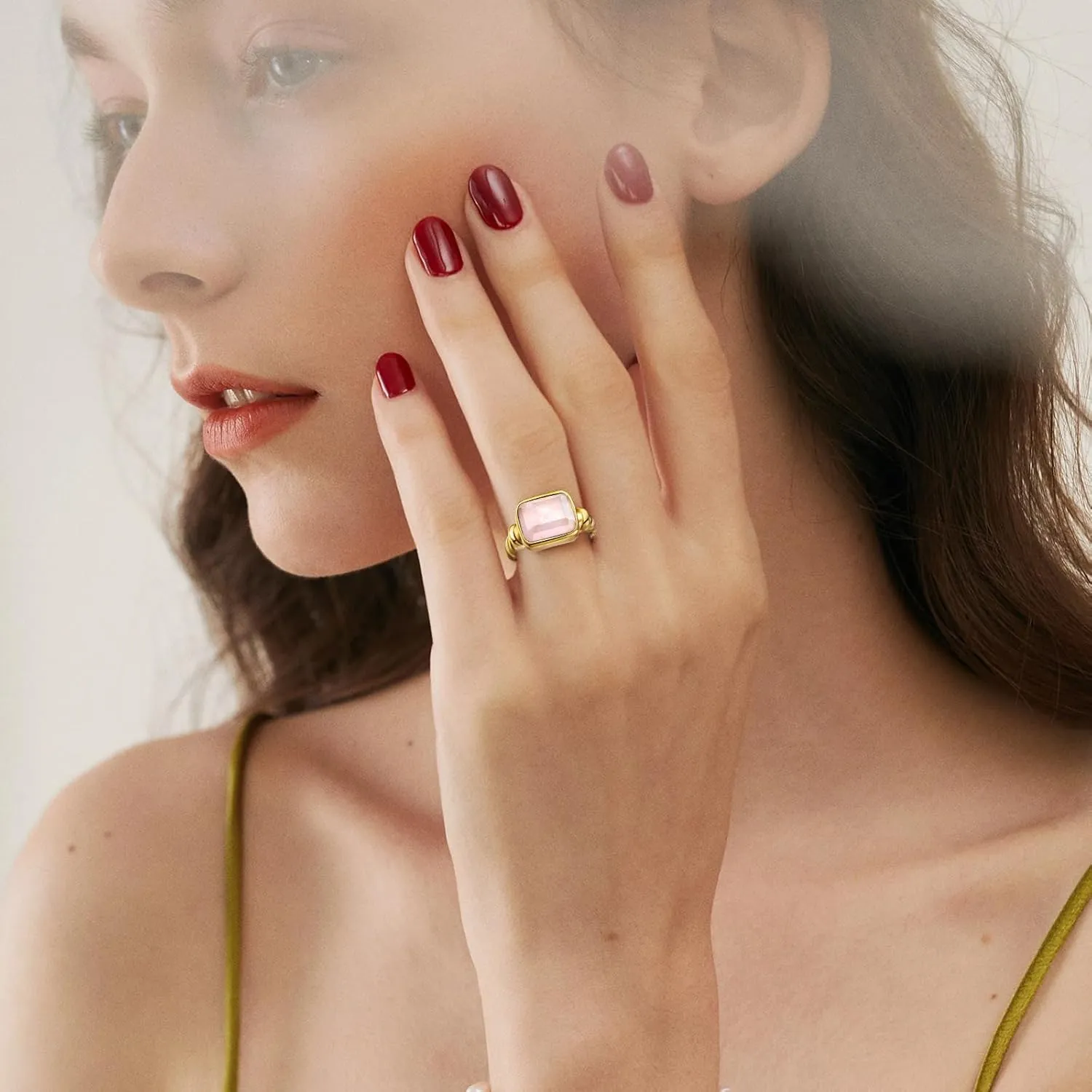 Women's 14K Gold Plated Statement Rings Emerald Cut Teal Turquoise/Rose Quartz Crystal/Spiny Oyster Turquoise Signet Ring Stainless Steel Chunky Gold Rings Size 5-10