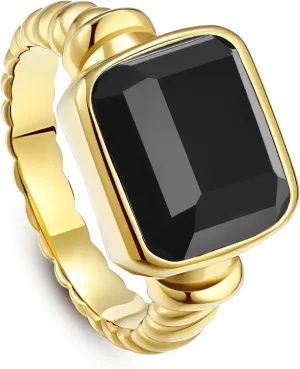 Women's 14K Gold Plated Statement Rings Emerald Cut Teal Turquoise/Rose Quartz Crystal/Spiny Oyster Turquoise Signet Ring Stainless Steel Chunky Gold Rings Size 5-10