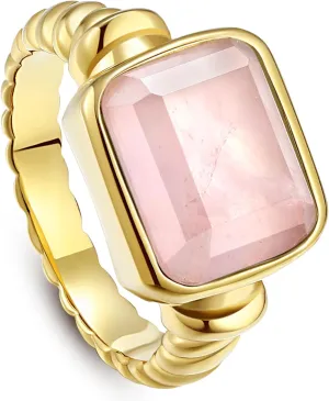 Women's 14K Gold Plated Statement Rings Emerald Cut Teal Turquoise/Rose Quartz Crystal/Spiny Oyster Turquoise Signet Ring Stainless Steel Chunky Gold Rings Size 5-10
