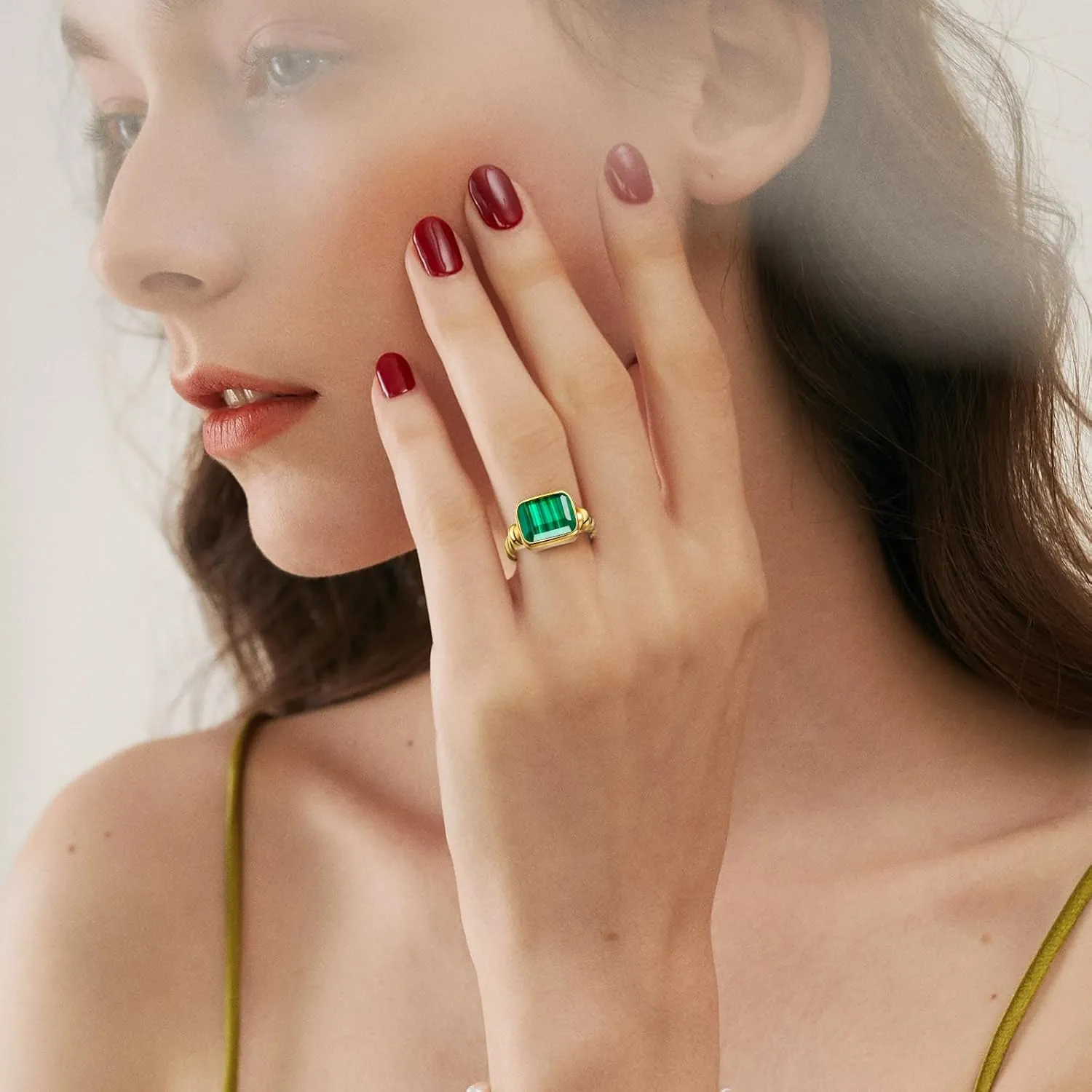 Women's 14K Gold Plated Statement Rings Emerald Cut Teal Turquoise/Rose Quartz Crystal/Spiny Oyster Turquoise Signet Ring Stainless Steel Chunky Gold Rings Size 5-10