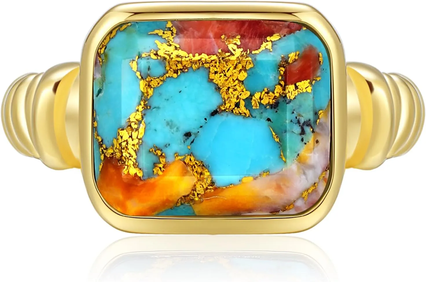 Women's 14K Gold Plated Statement Rings Emerald Cut Teal Turquoise/Rose Quartz Crystal/Spiny Oyster Turquoise Signet Ring Stainless Steel Chunky Gold Rings Size 5-10