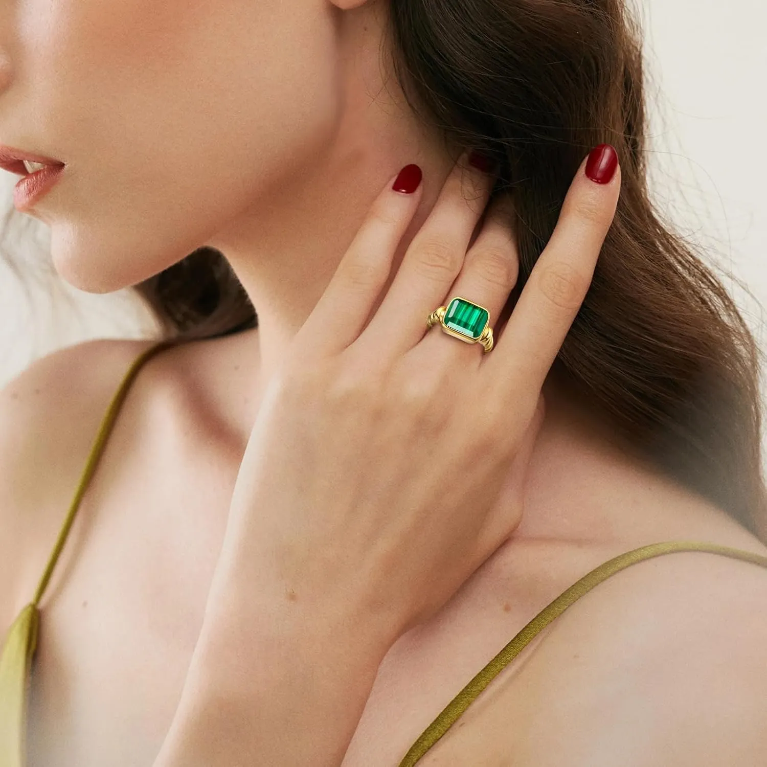Women's 14K Gold Plated Statement Rings Emerald Cut Teal Turquoise/Rose Quartz Crystal/Spiny Oyster Turquoise Signet Ring Stainless Steel Chunky Gold Rings Size 5-10