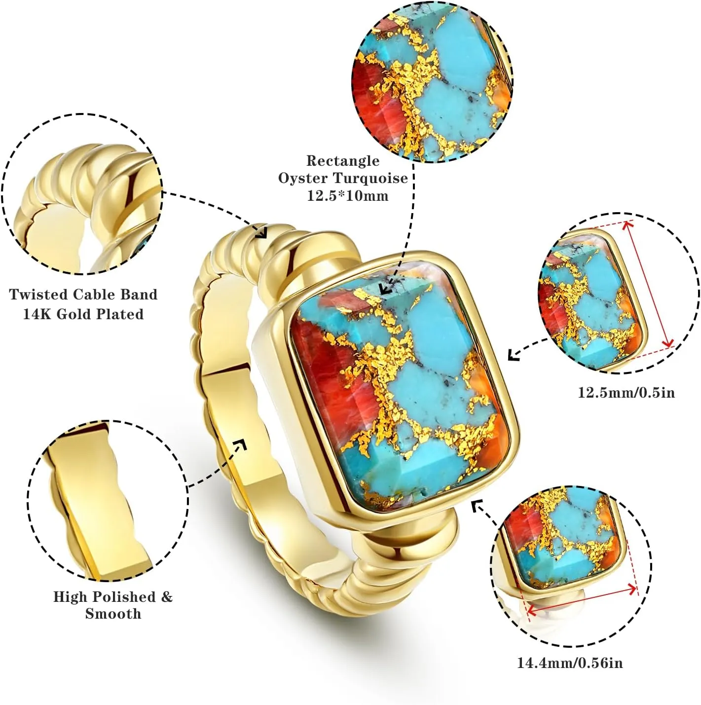 Women's 14K Gold Plated Statement Rings Emerald Cut Teal Turquoise/Rose Quartz Crystal/Spiny Oyster Turquoise Signet Ring Stainless Steel Chunky Gold Rings Size 5-10