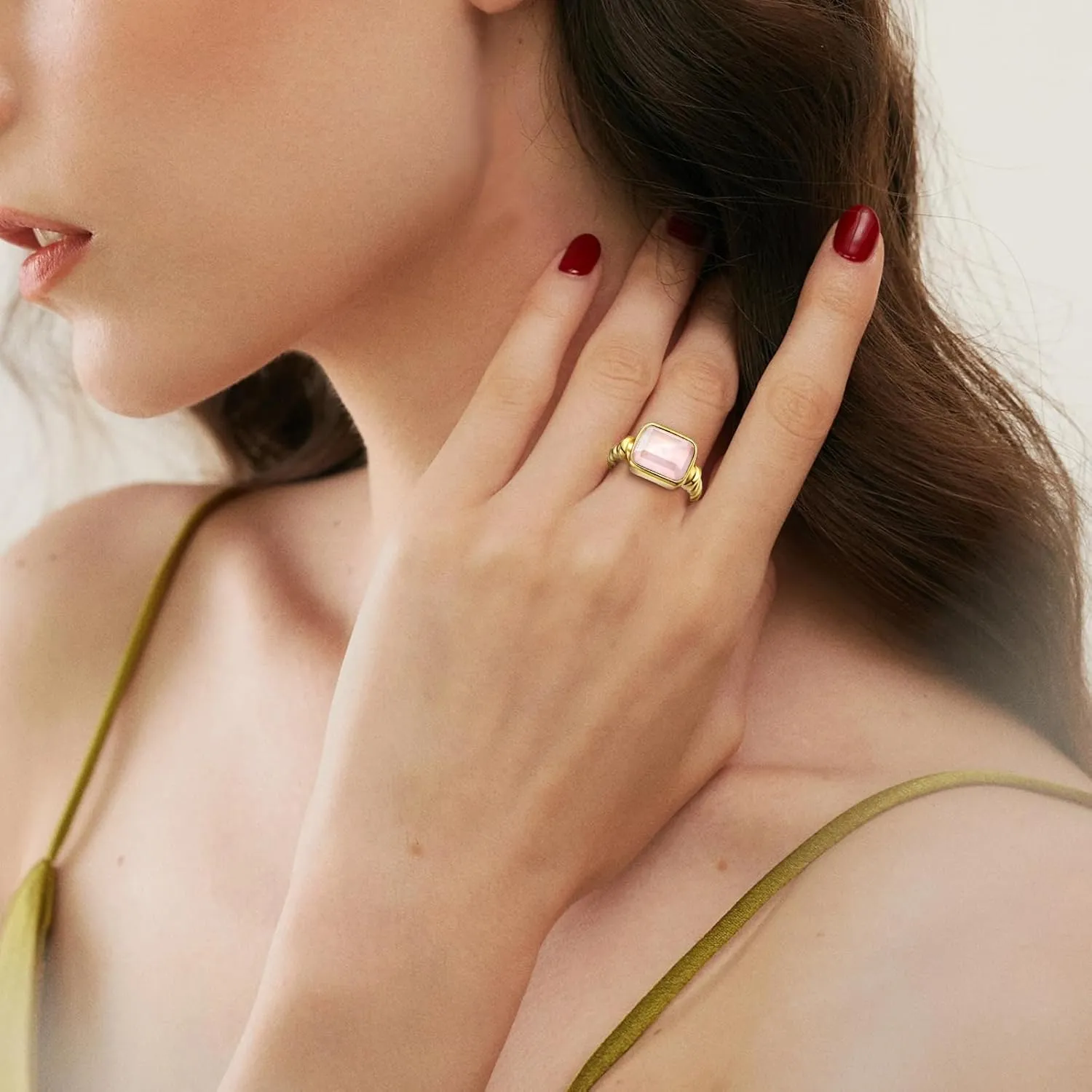 Women's 14K Gold Plated Statement Rings Emerald Cut Teal Turquoise/Rose Quartz Crystal/Spiny Oyster Turquoise Signet Ring Stainless Steel Chunky Gold Rings Size 5-10