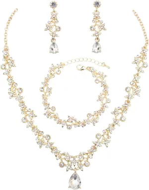 Womens Brides Bridesmaid Jewelry Set Austrian Crystal Teardrop Elegant Necklace Dangle Earrings Link Bracelet Wedding Prom Costume Party Events Evening Dress (Crystal-Gold Plated)