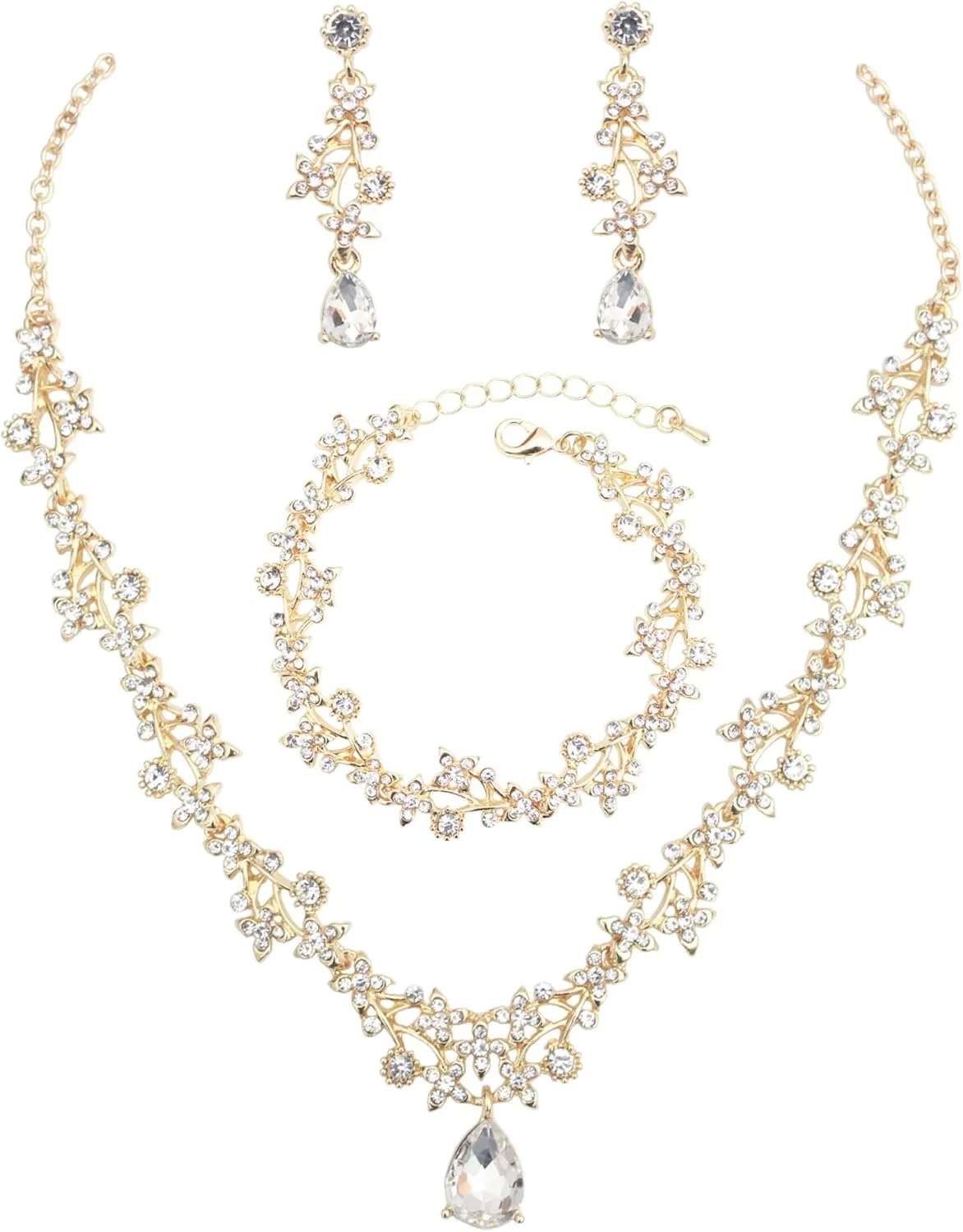 Womens Brides Bridesmaid Jewelry Set Austrian Crystal Teardrop Elegant Necklace Dangle Earrings Link Bracelet Wedding Prom Costume Party Events Evening Dress (Crystal-Gold Plated)
