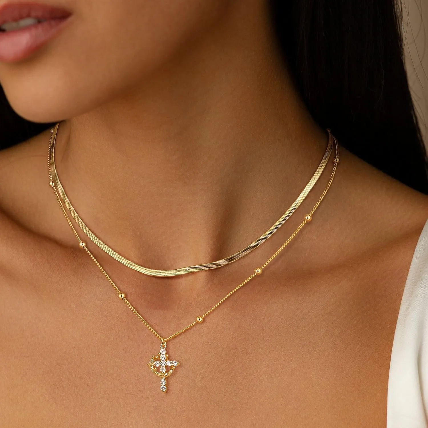 Women's Gifts Upgraded Crown Cross Necklace for Women 14K Gold Plated Crown Cross Pendant Necklace Simple Diamond Gold Necklaces Faith Cross Jewelry First Communion Necklace