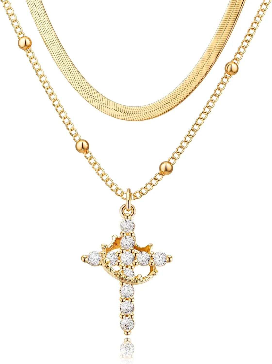 Women's Gifts Upgraded Crown Cross Necklace for Women 14K Gold Plated Crown Cross Pendant Necklace Simple Diamond Gold Necklaces Faith Cross Jewelry First Communion Necklace