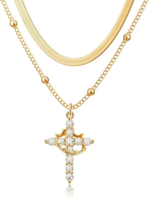 Women's Gifts Upgraded Crown Cross Necklace for Women 14K Gold Plated Crown Cross Pendant Necklace Simple Diamond Gold Necklaces Faith Cross Jewelry First Communion Necklace