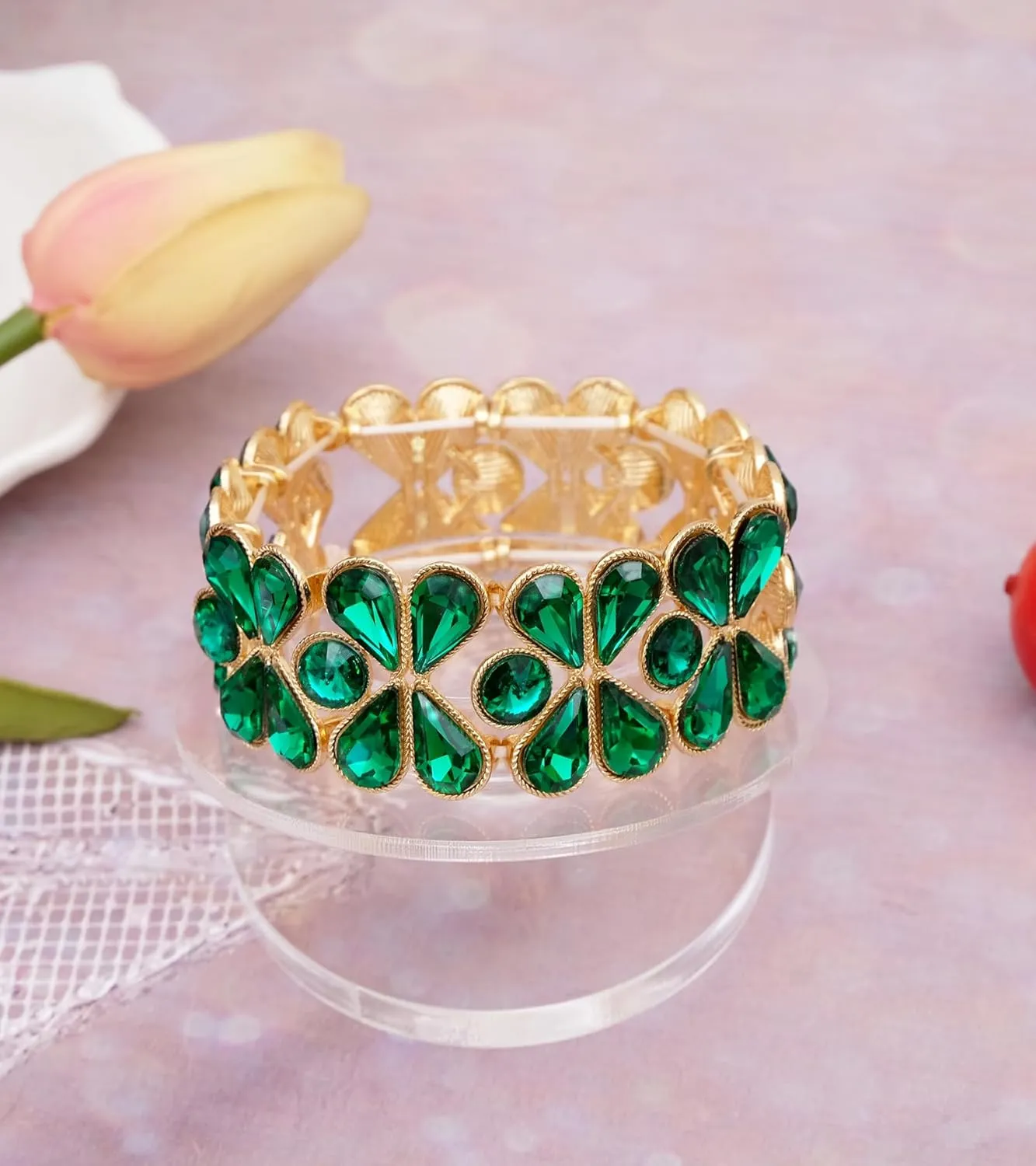 Women's Wide Stretch Bangle Bracelets Wedding Bridal lucky 4-leaf Clover Crystal Bracelet Statement Jewelry for Brides Bridesmaids Prom Party Costume Accessories #1621