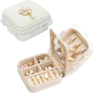 Wonhibo Cute Travel Small Jewelry Case Box with Mirror for Girls Women, Flower White Mini Necklace Ring Earrings Organizer with Lace