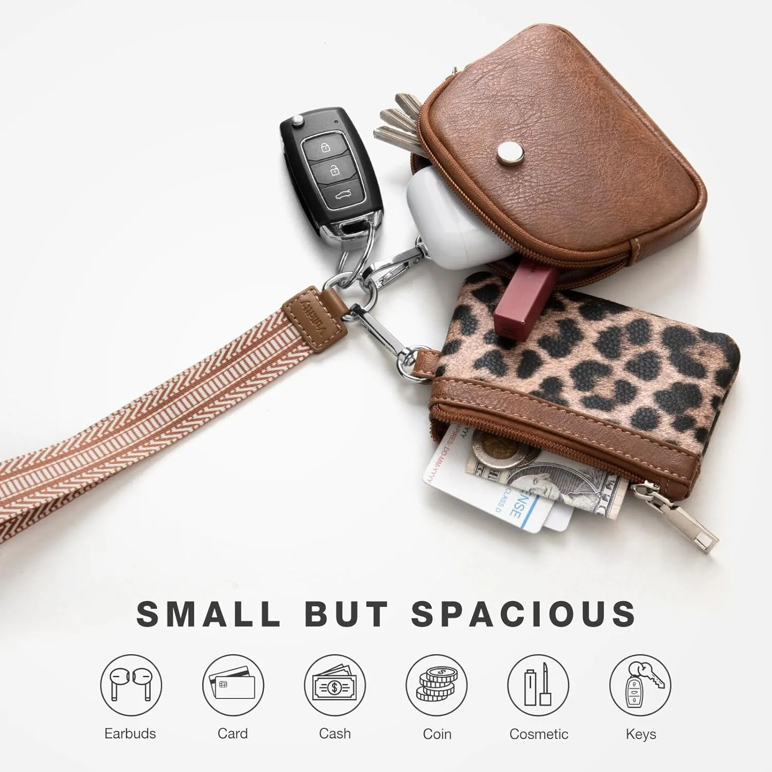 Wristlet Keychain Wallet for Women, Zip Around Dual Pouch Wristlet, Small Portable Key Chain Wallet Women, Zipper Card Holder Coin Purse Mini Coin Pocket, 2 Wristlet Strap