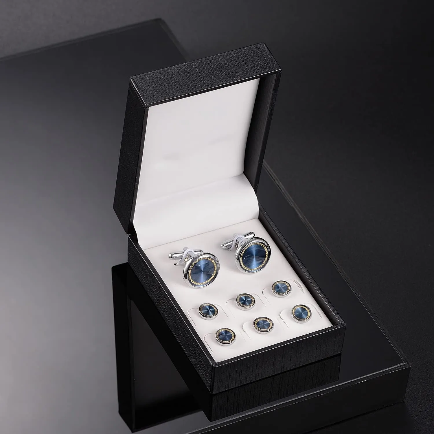 wynameleri Mens Cufflinks and Studs Set Blanks Round 4 Colors Shirt Tuxedo Buttons Packed in Cufflink Box for Business Wedding Jewelry
