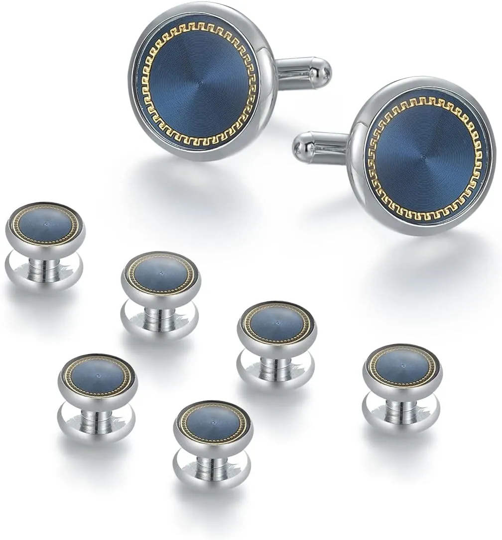 wynameleri Mens Cufflinks and Studs Set Blanks Round 4 Colors Shirt Tuxedo Buttons Packed in Cufflink Box for Business Wedding Jewelry