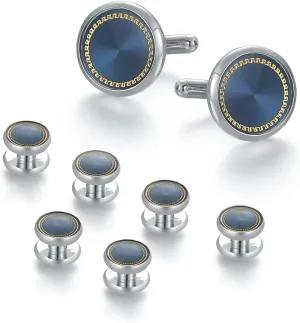 wynameleri Mens Cufflinks and Studs Set Blanks Round 4 Colors Shirt Tuxedo Buttons Packed in Cufflink Box for Business Wedding Jewelry