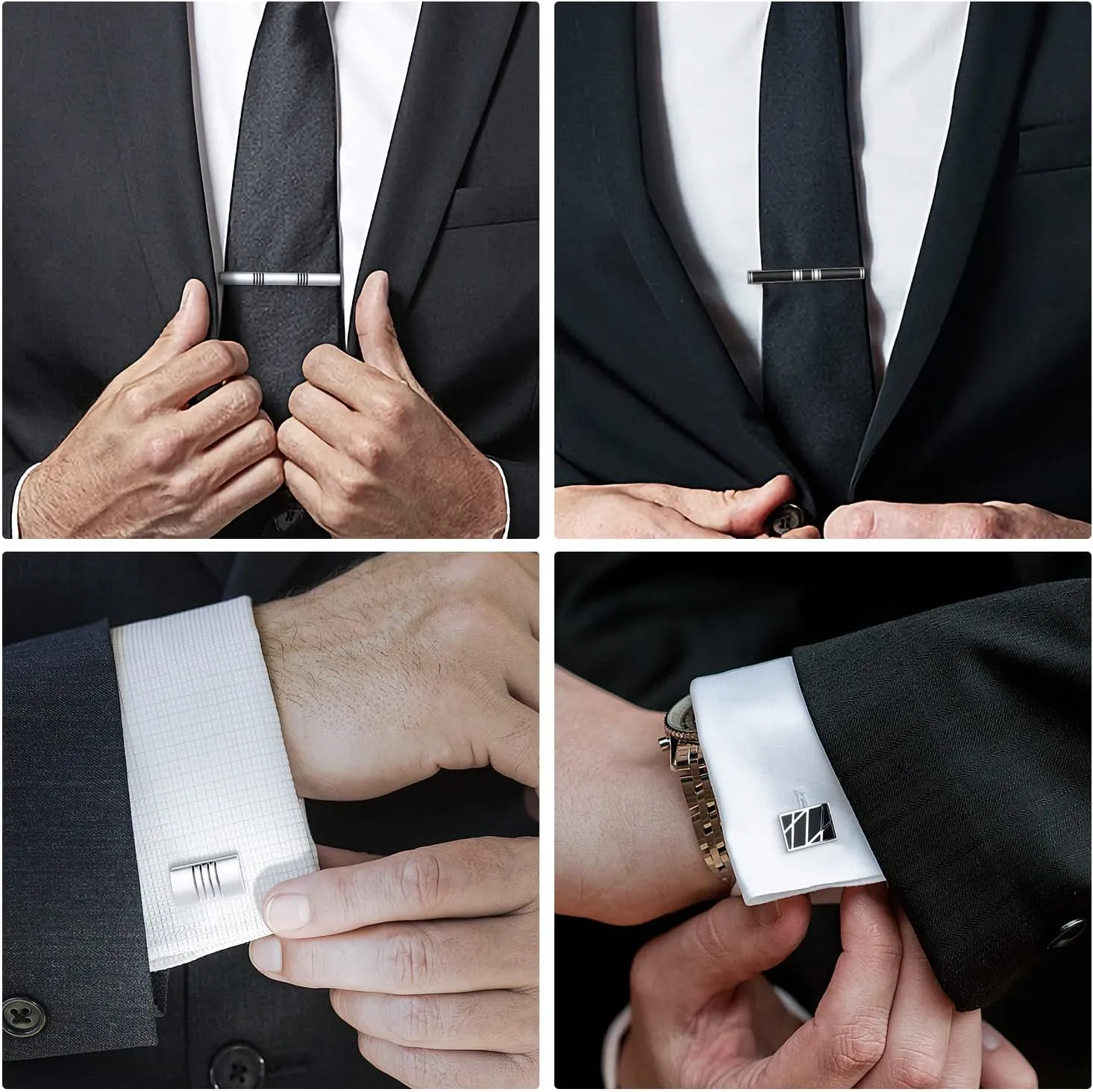 wynameleri Tie Clip Cufflinks Set for Men, 6 Pcs Necktie Tie Bar Clips Shirts Tuxedo Wedding Gift with Box