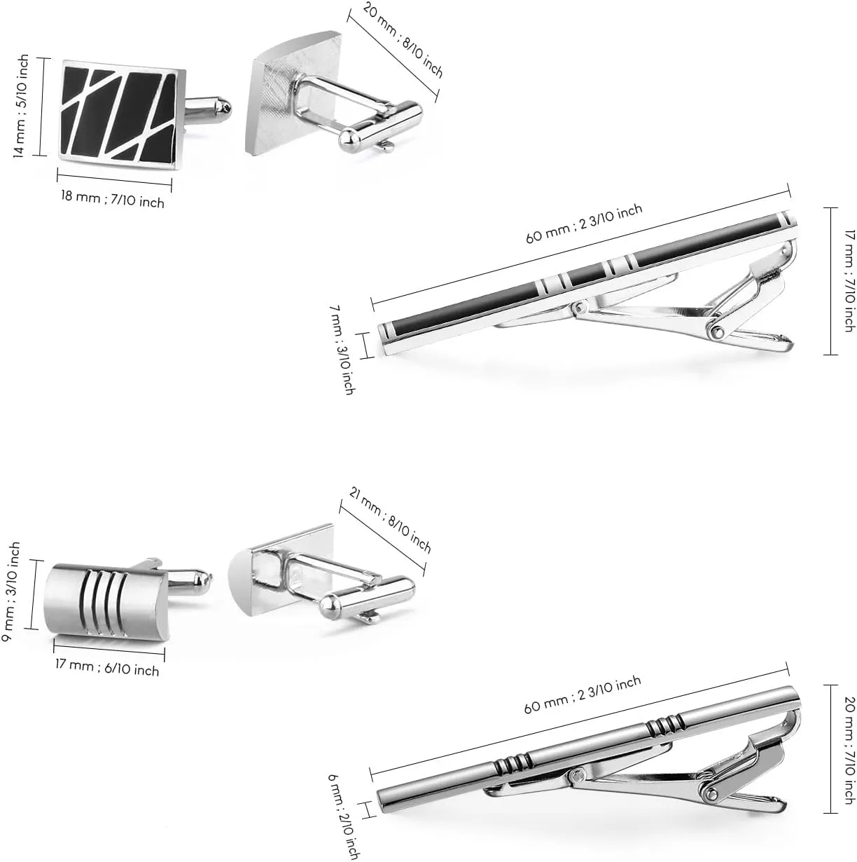wynameleri Tie Clip Cufflinks Set for Men, 6 Pcs Necktie Tie Bar Clips Shirts Tuxedo Wedding Gift with Box