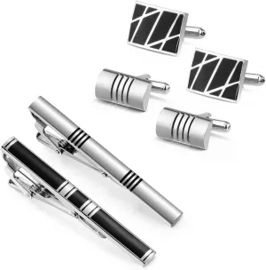 wynameleri Tie Clip Cufflinks Set for Men, 6 Pcs Necktie Tie Bar Clips Shirts Tuxedo Wedding Gift with Box