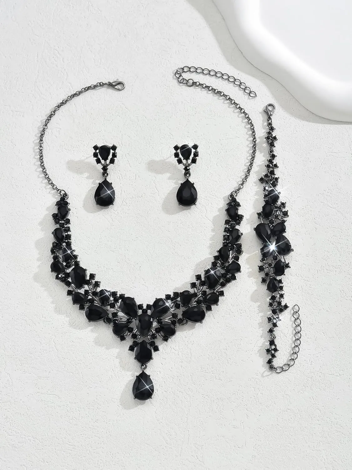 Xerling Black Silver Champagne Necklace Bracelet Earrings Brides Wedding Chunky Cluster Crystal Jewelry Set Women Party Prom Gifts