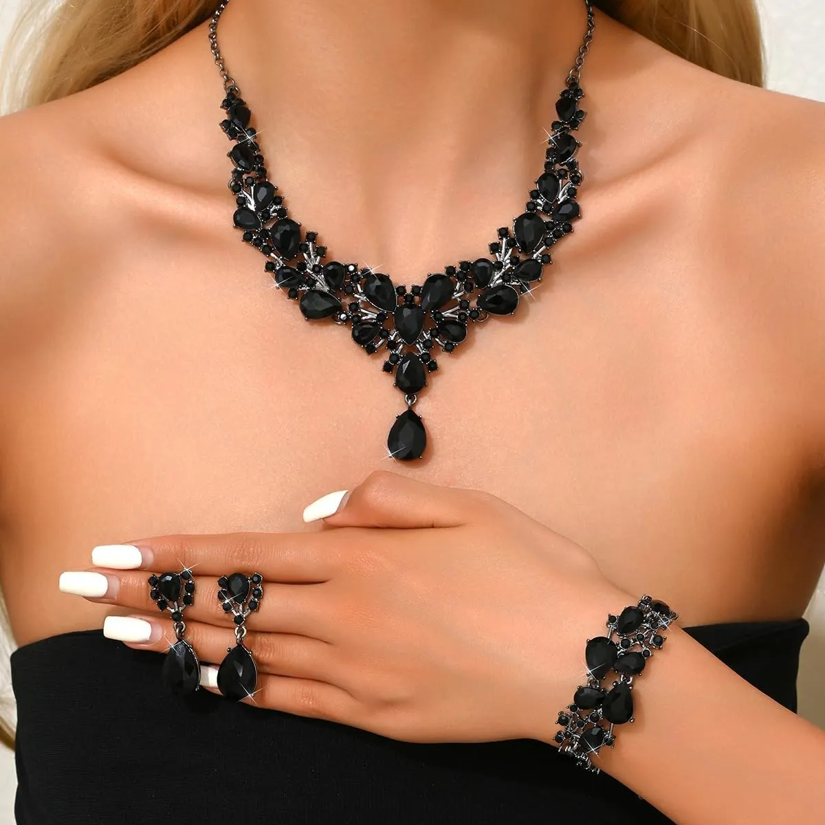 Xerling Black Silver Champagne Necklace Bracelet Earrings Brides Wedding Chunky Cluster Crystal Jewelry Set Women Party Prom Gifts