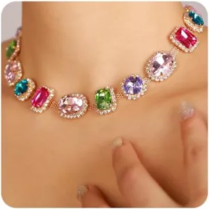 Xerling Bridal Wedding Multi-colored Gemstone Crystal Choker Necklace Heavy Chunky Color Necklace Geometric Gem Stone Rhinestone Statement Necklace