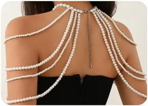 Xerling Faux Pearl Shoulder Harness Body Chain Fringe Tassels Bra Chain Body Jewelry Wedding Arm Chain for Women Girls Bikini Body Tassel (White)