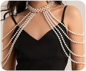 Xerling Faux Pearl Shoulder Harness Body Chain Fringe Tassels Layered Arm Chain Bra Chain Necklace Body Jewelry for Women Bikini