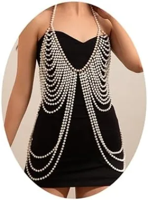 Xerling Faux Pearls Body Chains Layered Tassel Bra Chain Halter Top Body Jewelry Fringe Chest Chain Bikini Body Accessories for Women Girls