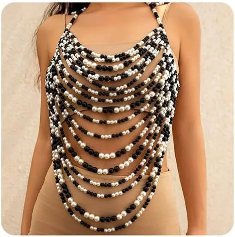 Xerling Faux Pearls Tassel Bra Body Chain Multi-layered Backless Chest Chain Fringe Halter Top Body Jewelry Bikini Body Accessories for Women Girls Party (Black&White)