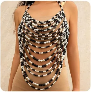 Xerling Faux Pearls Tassel Bra Body Chain Multi-layered Backless Chest Chain Fringe Halter Top Body Jewelry Bikini Body Accessories for Women Girls Party (Black&White)