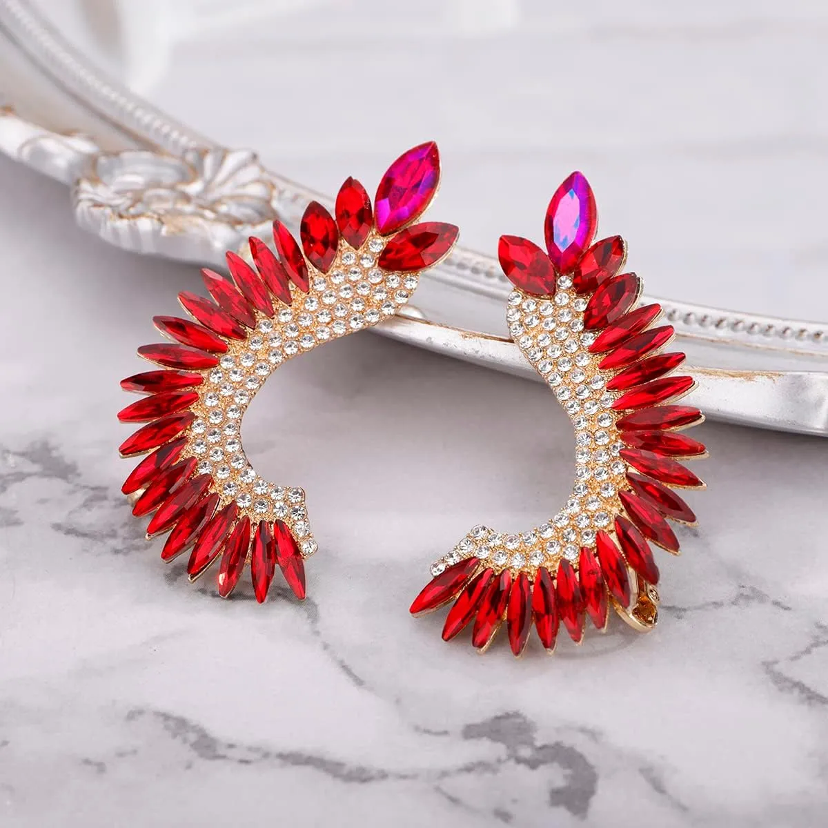 Xerling Personalized Statement Red Rhinestone Earrings Crystal Climber Crawler Boho Earrings for Women Bling Bridal Earrings for Wedding Prom (Red)