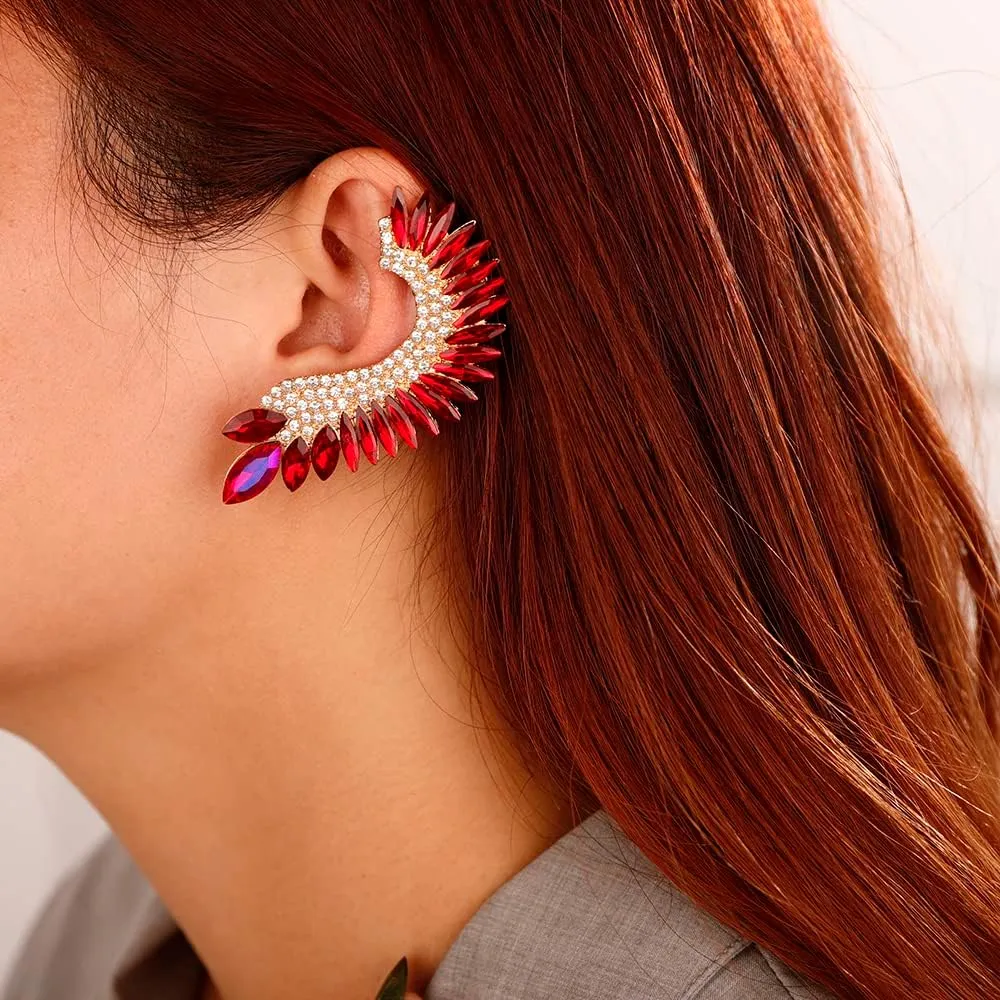 Xerling Personalized Statement Red Rhinestone Earrings Crystal Climber Crawler Boho Earrings for Women Bling Bridal Earrings for Wedding Prom (Red)