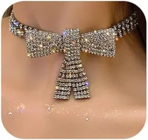 Xerling Rhinestone Bow-knot Choker Necklace for Women Bridal Silver Layered Necklace Bow Tie Crystal Choker for