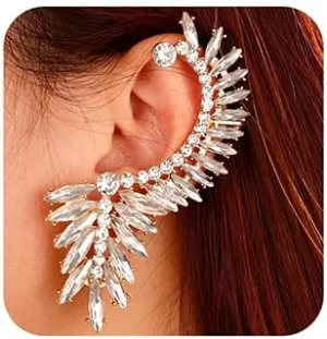 Xerling Statement Rhinestone Earrings Bridal Crystal Earrings for Prom Boho Climber Crawler Earrings for Women Clip-on Piercing Stud Earrings (White)
