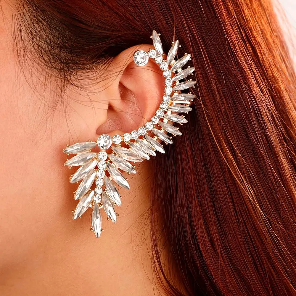 Xerling Statement Rhinestone Earrings Bridal Crystal Earrings for Prom Boho Climber Crawler Earrings for Women Clip-on Piercing Stud Earrings (White)