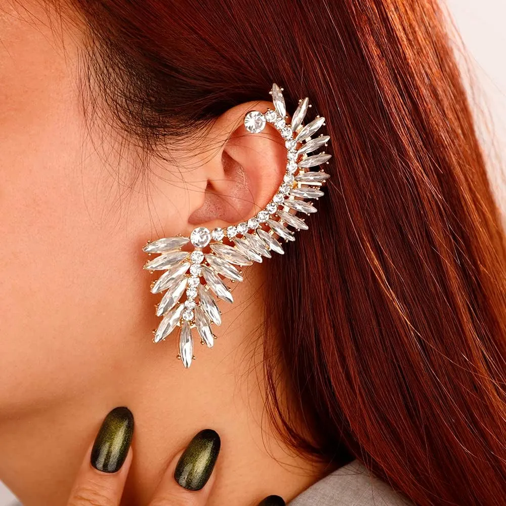 Xerling Statement Rhinestone Earrings Bridal Crystal Earrings for Prom Boho Climber Crawler Earrings for Women Clip-on Piercing Stud Earrings (White)